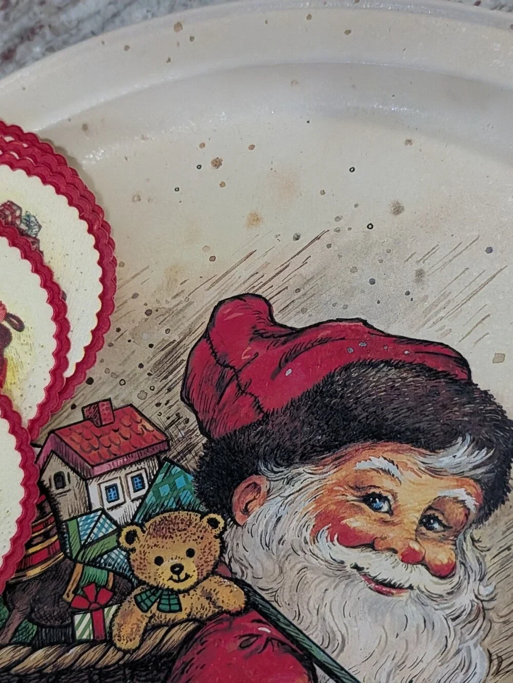 2 Vintage 1986 Potpourri Press Santa Claus Christmas Tins Serving Platter Jar